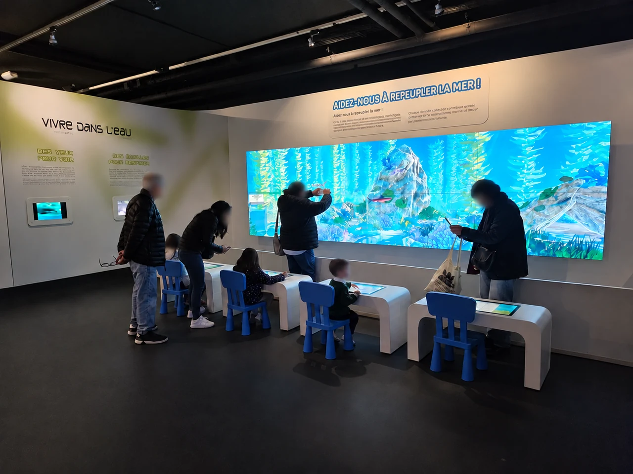 Visiteurs utilisant les tables tactiles devant le mur d’images du Seaquarium.