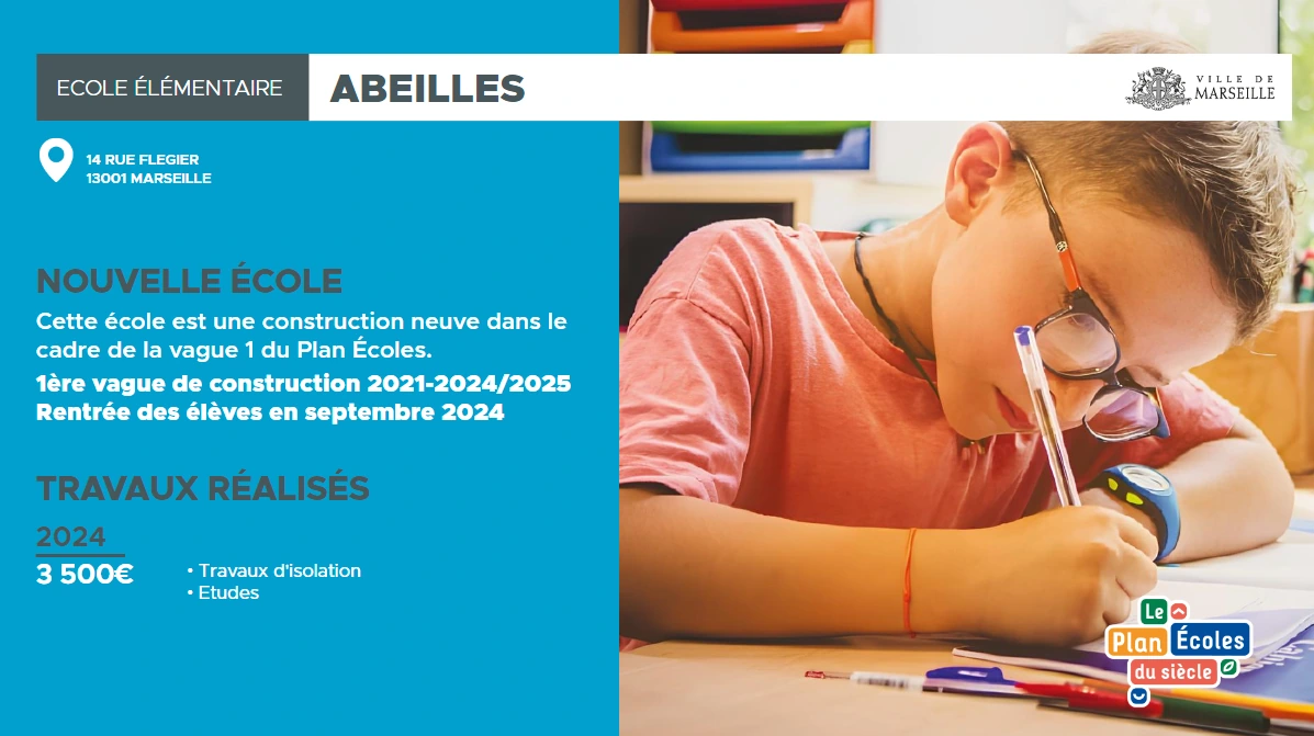 Fiche de l’école Abeilles associant une photographie aux informations de travaux.