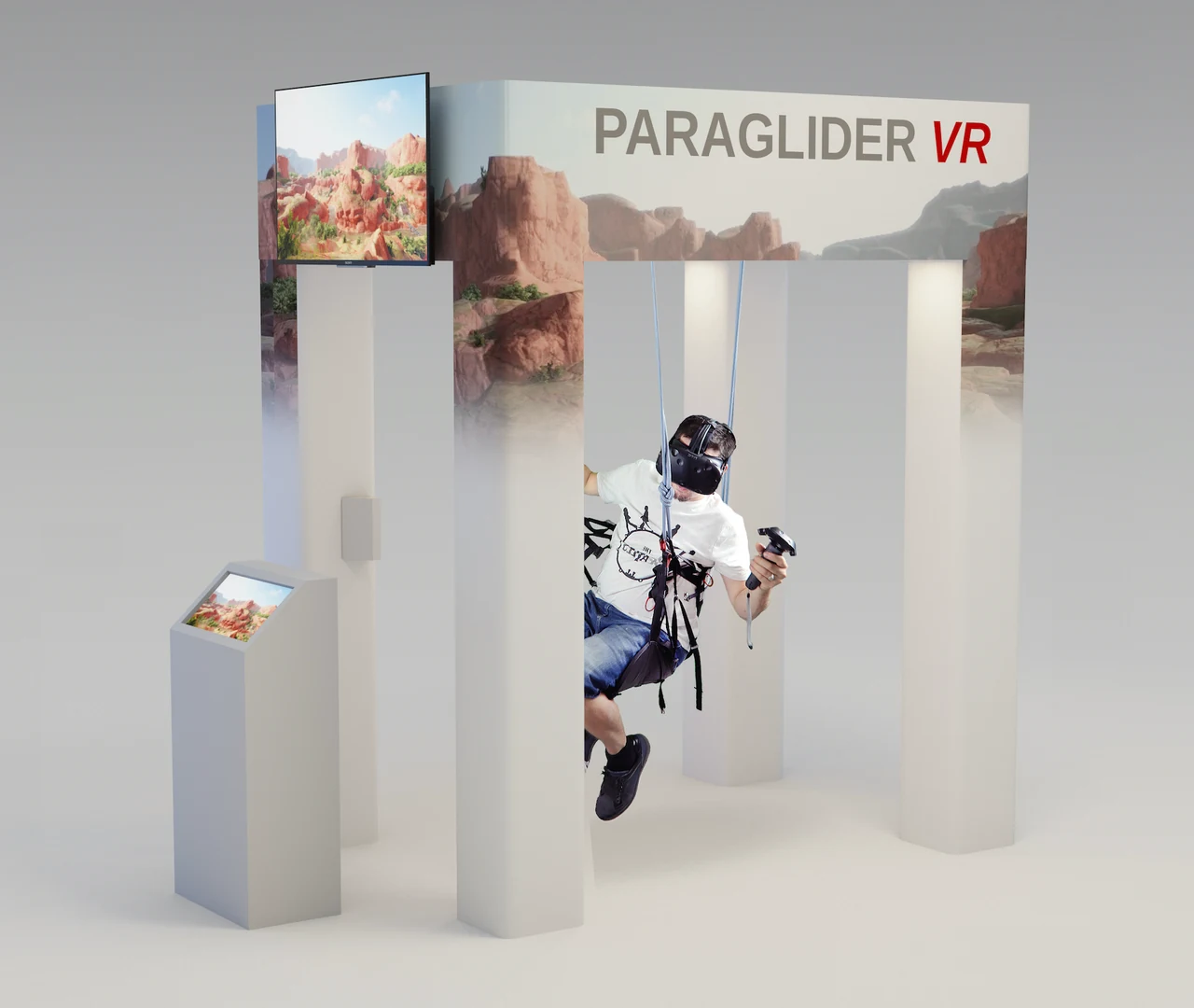 Rendu 3D du stand Paraglider VR : portique blanc au logo, avec un pilote dans la nacelle