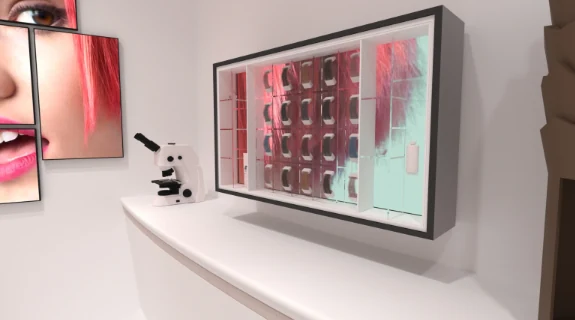 Écran encastré aux tuiles roses et vertes, avec un microscope posé sur le comptoir blanc du corner