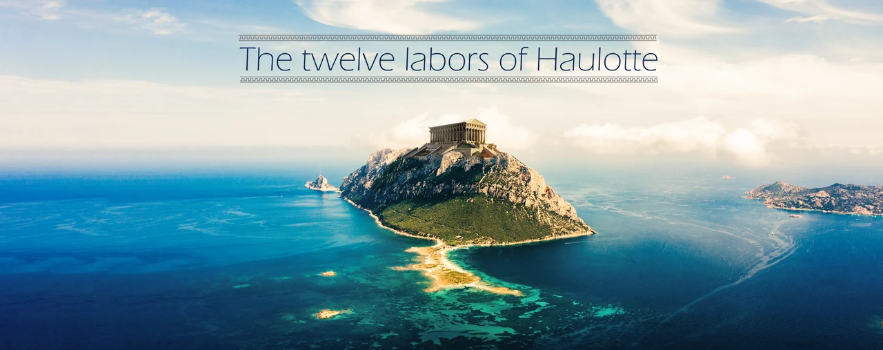 Écran-titre « The twelve labors of Haulotte » sur une vue aérienne d’une île