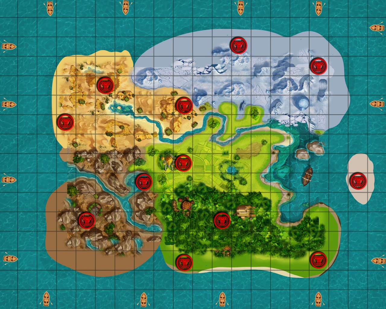 Plateau de jeu illustré : une île découpée en zones colorées, avec des repères rouges