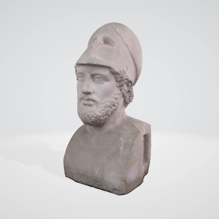 Modèle 3D numérisé d’un buste casqué, sur fond clair
