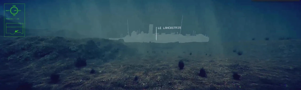 Vue sous-marine projetée d’un fond marin avec une épave et un réticule à l’écran