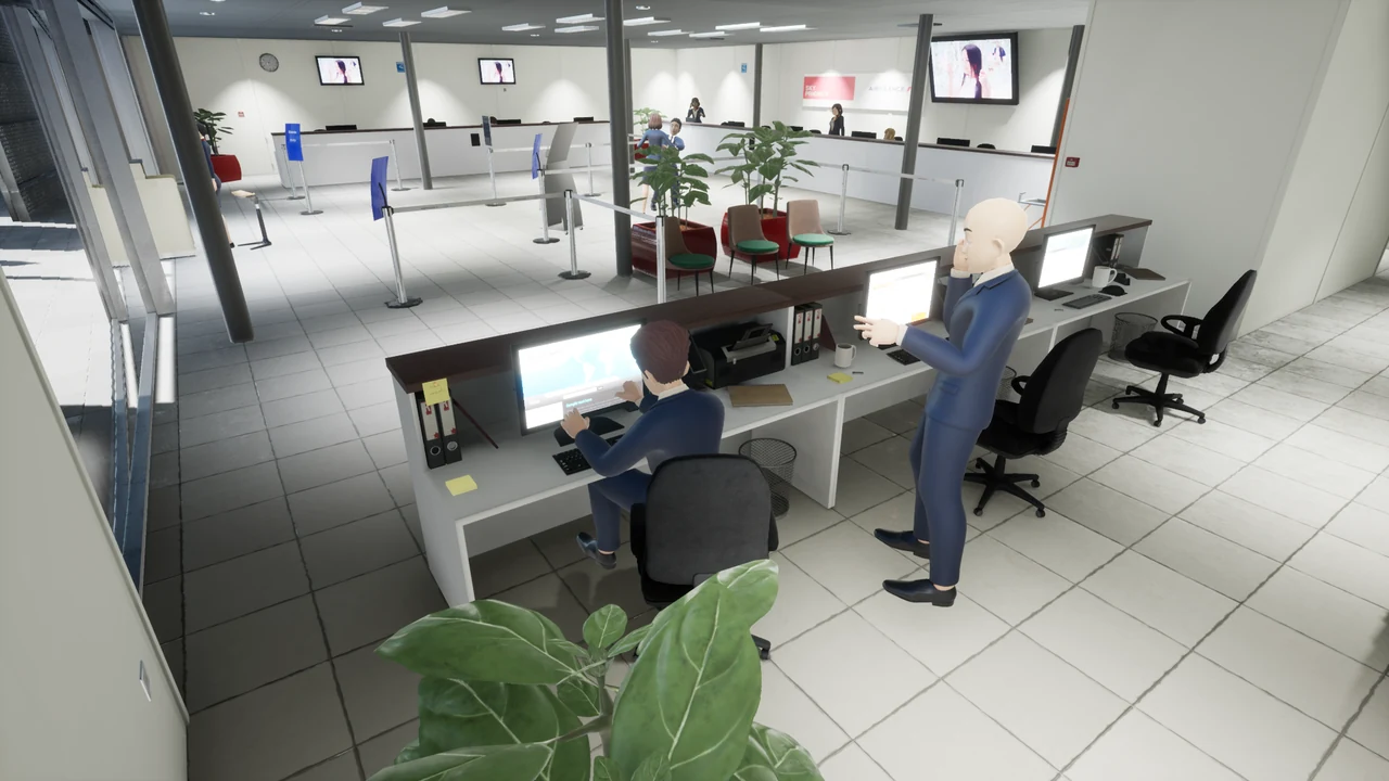 Environnement virtuel de bureaux aéroportuaires : postes de travail alignés et personnage assis
