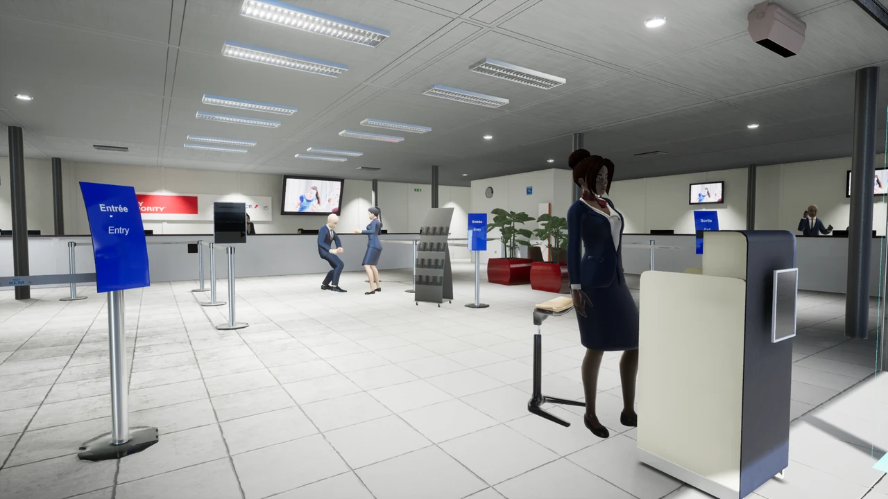 Environnement virtuel d’un hall aéroportuaire avec comptoirs et un personnage debout