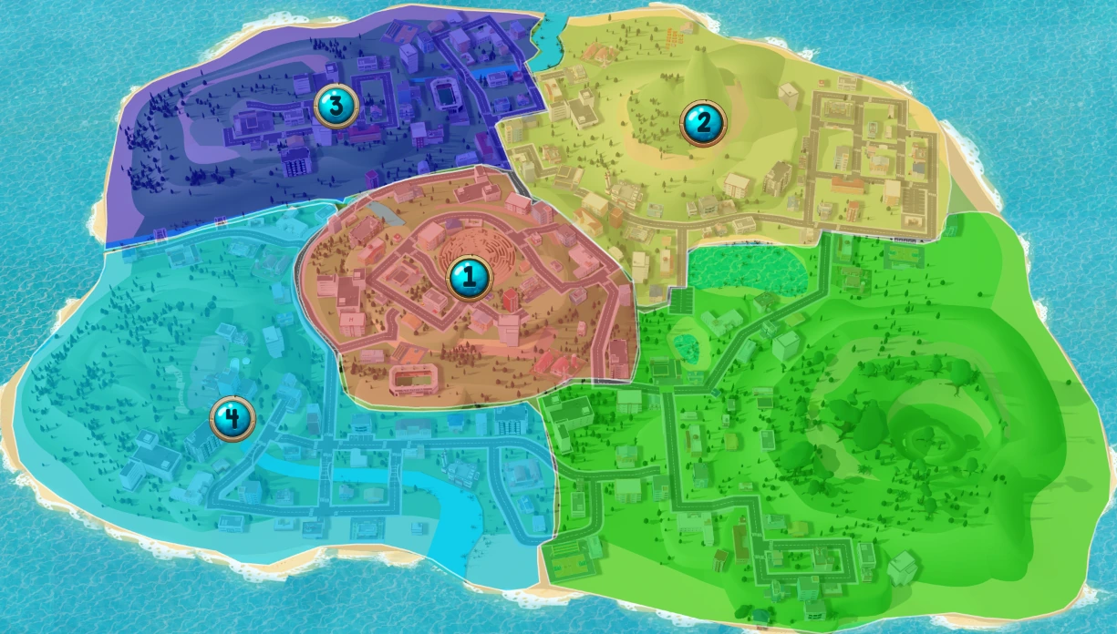 Plateau de jeu illustré : une île découpée en zones colorées, avec des repères