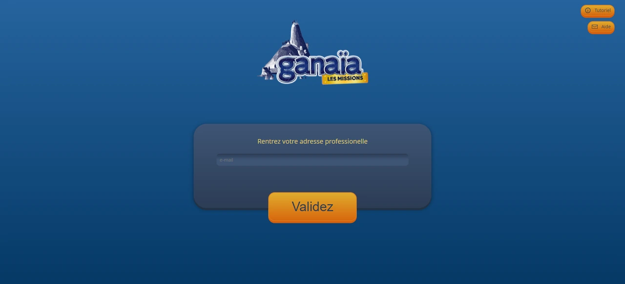 Écran de connexion du jeu : champ pour saisir une adresse professionnelle et bouton « Valider »