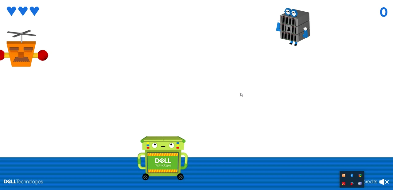 Écran de jeu avec trois cœurs de vie, deux robots Greenits et la poubelle verte en bas