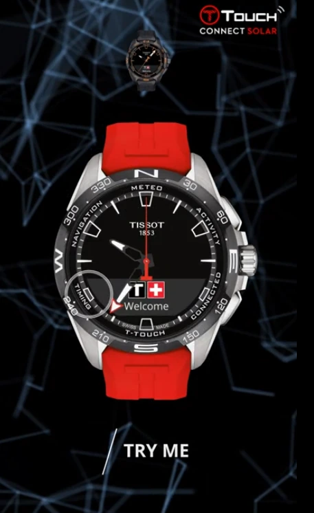 Écran vertical d’animation avec une montre Tissot T-Touch Connect Solar à bracelet rouge et l’invitation « Try me »