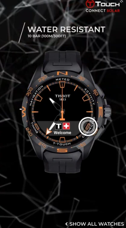 Animation verticale : montre Tissot noire et orange accompagnée de la mention « Water resistant »