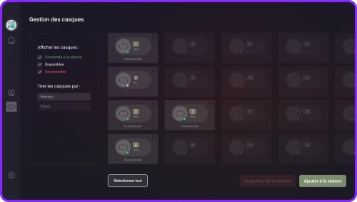 Interface sombre de gestion des casques VR de JukeboxVR Lite : grille de casques et filtres
