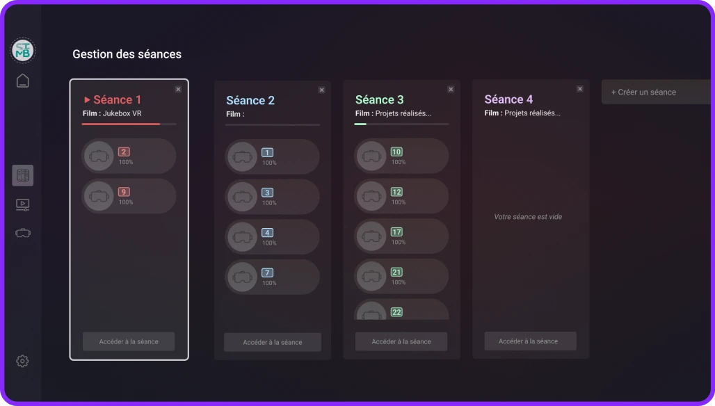 Interface de gestion des séances de JukeboxVR Lite : plusieurs colonnes de séances avec leurs casques