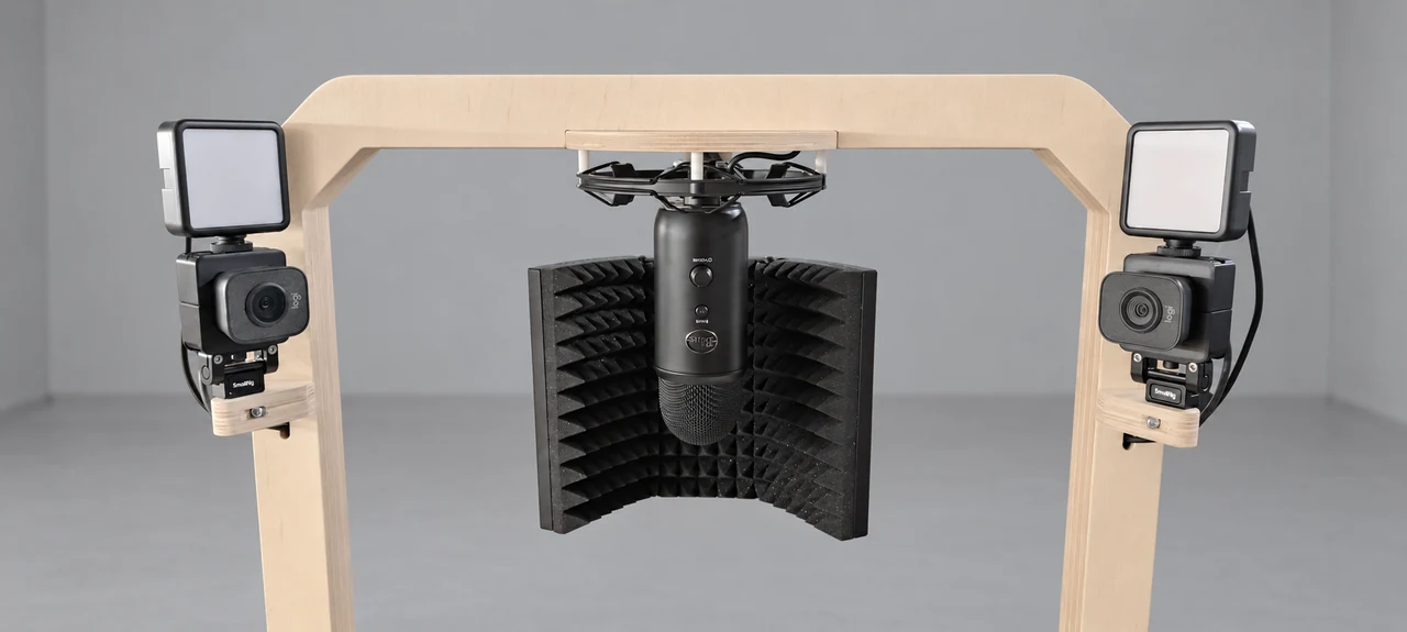 Portique en bois avec deux caméras à éclairage de part et d’autre d’un microphone entouré de mousse acoustique