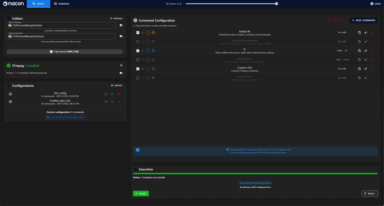 Interface Mocap Tools affichant la configuration d’une commande de traitement vidéo.