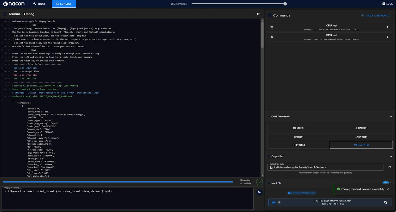 Console de Mocap Tools avec une commande personnalisée et son éditeur.