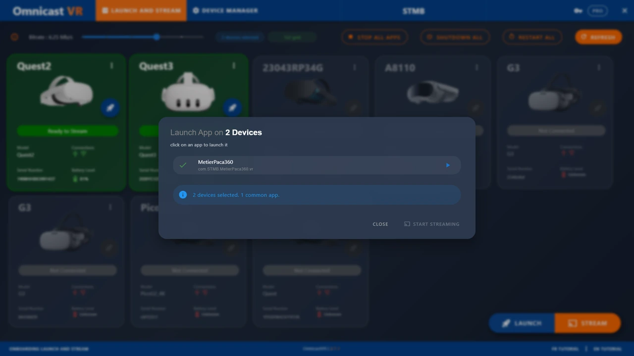 Sélection et lancement d’une application sur plusieurs casques dans OmnicastVR