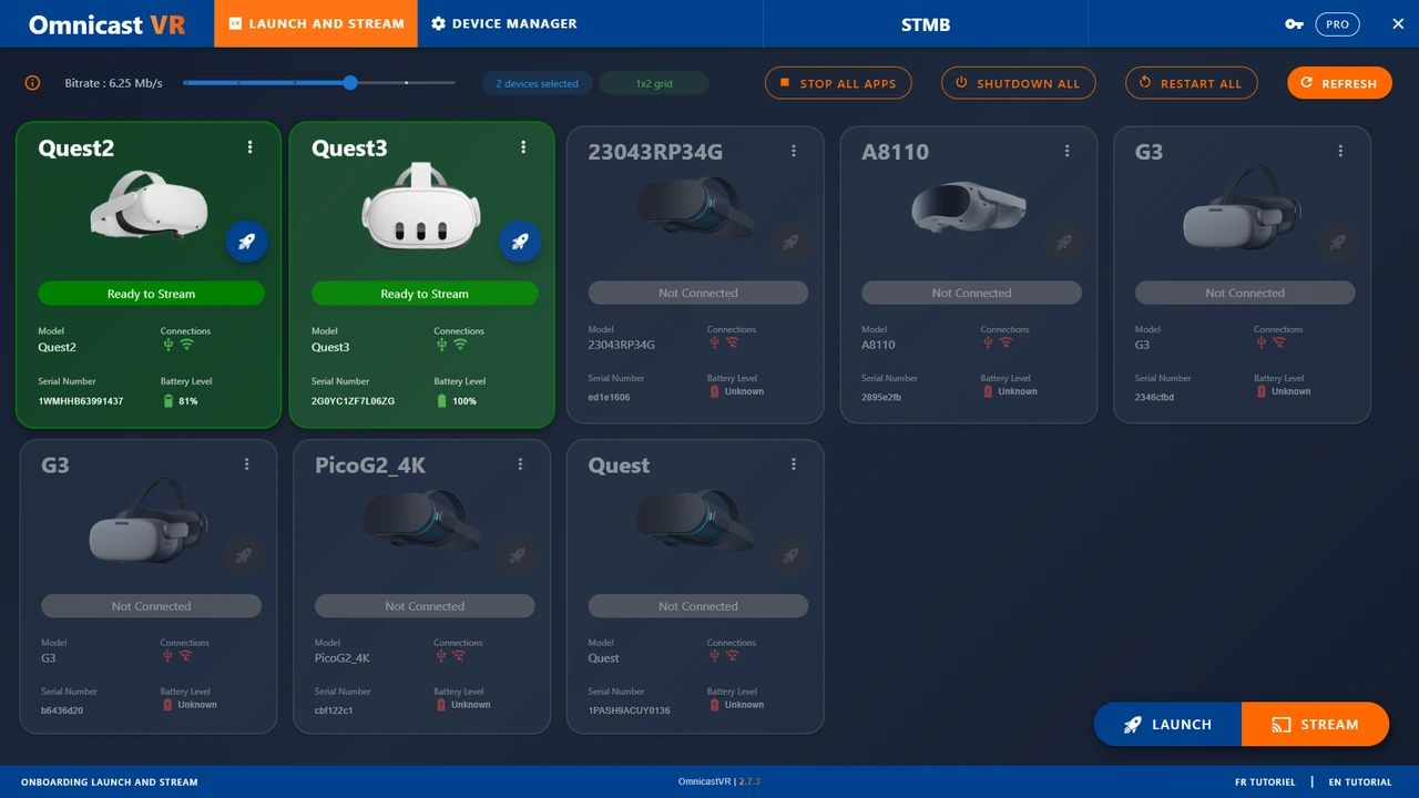 Interface OmnicastVR affichant les casques et les commandes de lancement et de streaming.