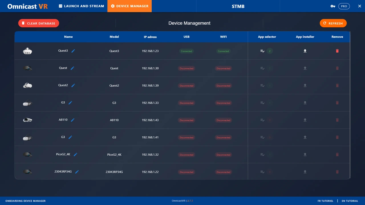 Tableau de gestion des casques et de leurs informations dans OmnicastVR.