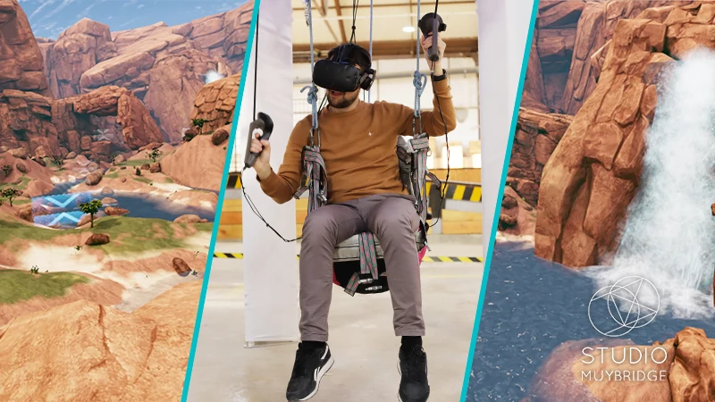 Utilisateur équipé d’un casque VR assis dans la nacelle, entouré d’images de paysages de montagne et d’une cascade