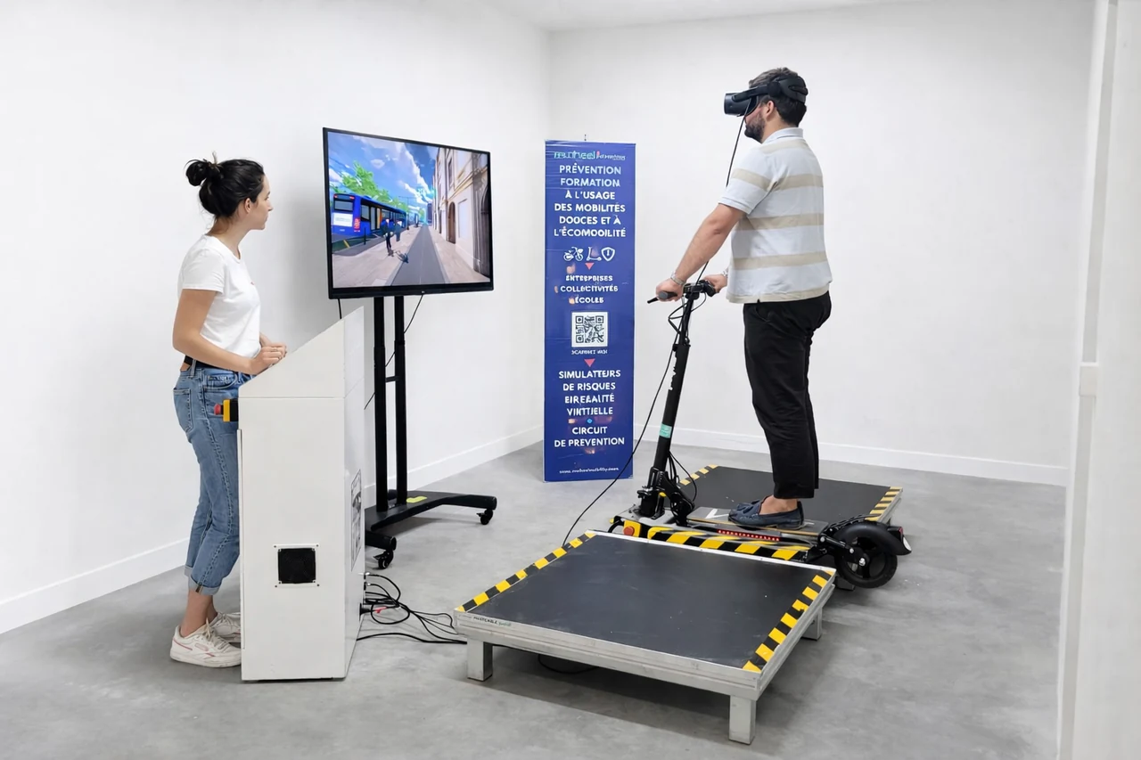 Démonstration du simulateur VTrott avec un participant en réalité virtuelle et une formatrice