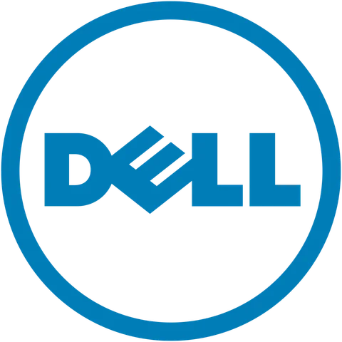 Logo de Dell, cercle bleu avec le mot Dell en lettres majuscules bleues, une barre diagonale traverse le 'E'