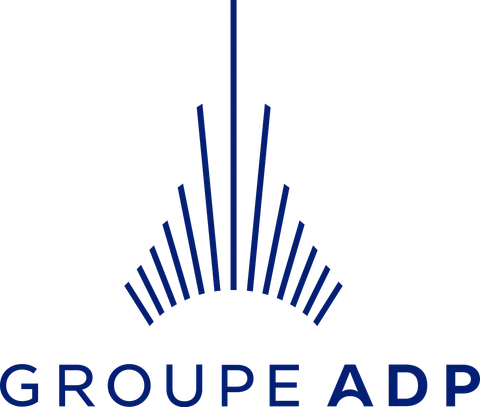 Logo de Groupe ADP avec un design de lignes bleues formant une courbe verticale et le nom de la société en dessous