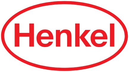Logo de la marque Henkel avec texte rouge dans un ovale blanc entouré d'une bordure rouge.