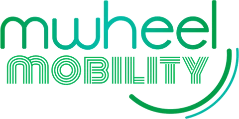 Texte en couleur vert et bleu indiquant 'mwheel MOBILITY' avec un motif de lignes dans le mot 'MOBILITY' et un sourire stylisé en dessous.