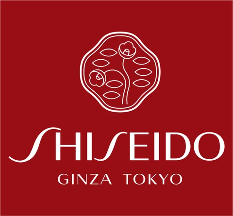 Logo de Shiseido avec une illustration de fleurs et le texte 'GINZA TOKYO' sur un fond rouge.